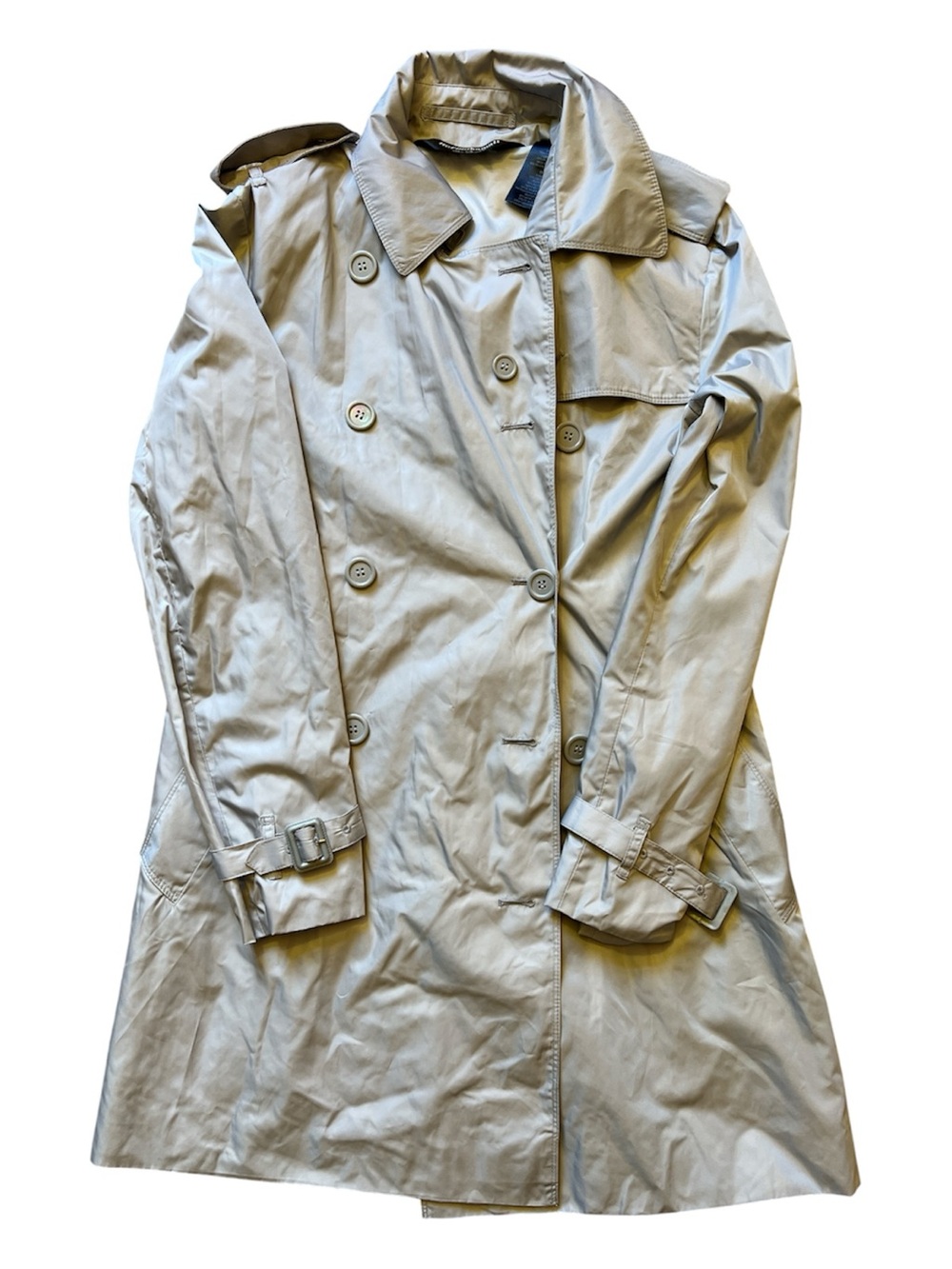 Norma Kamali Silver Metallic Double Breasted Trench Coat Jacket Small NKL1855⁠